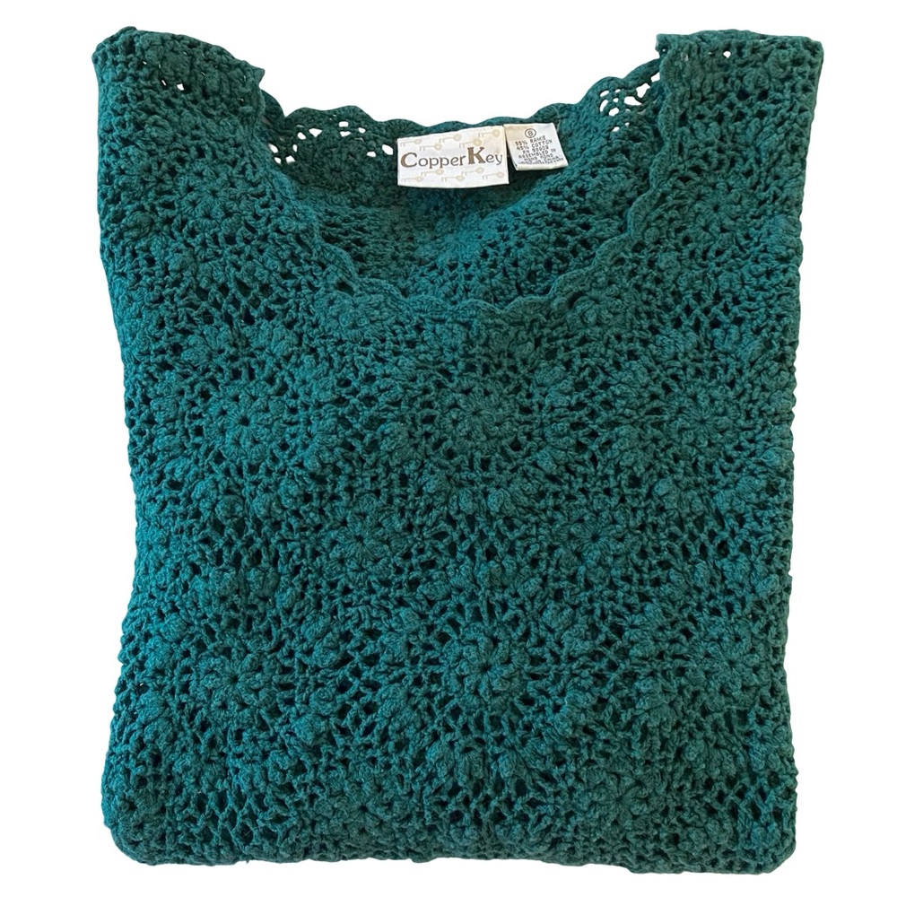 Vintage 90s Copper Key Crochet Sweater Green